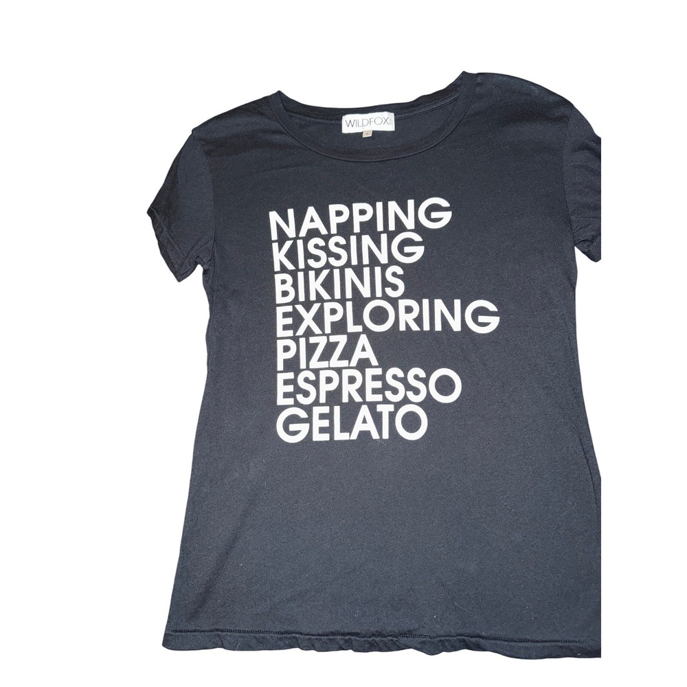 Wildfox Graphic Tee Women S Black Napping Kissing Bikinis Exploring Pizza Cotton